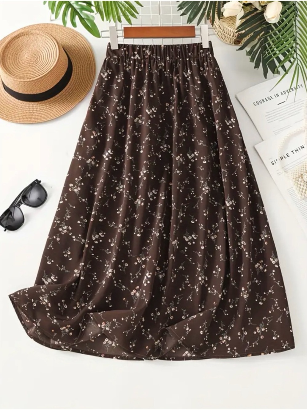 Chocolate Brown Floral Ditsy Maxi Skirt Cottagecore Earth Tone Flowy Skirt XXL - Picture 4 of 7